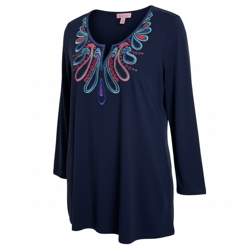 Lilly‎ Pulitzer Navy Blue Beaded Embroidered V-Neck Tunic Top Size S Boho